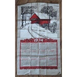 1974 Calendar Tea Towel Linen Red Covered Bridge Winter Scene Country Farmhouse